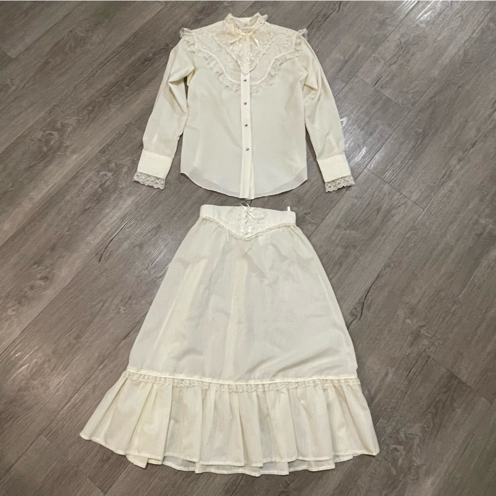Vintage 1980s Miss Rodeo America Blouse and Skirt Set in Cream Lace and Cotton
